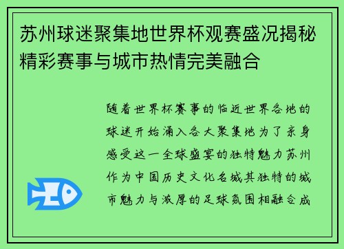 苏州球迷聚集地世界杯观赛盛况揭秘精彩赛事与城市热情完美融合